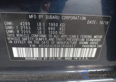 2019 Subaru Impreza 2.0I Premium from USA, damaged, VIN 4S3GKAC62K3606027